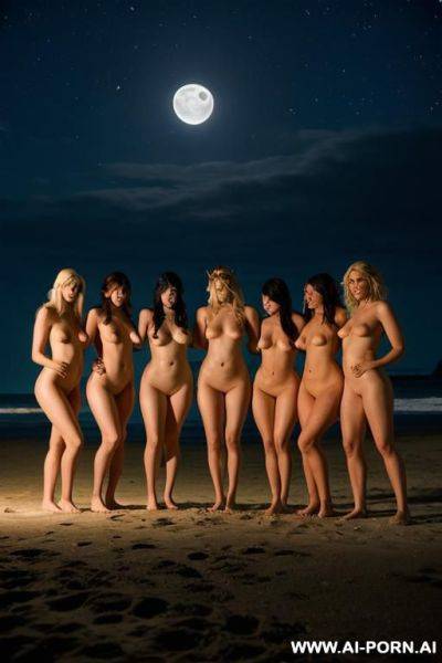 Group of sexy elf women on the beach at night, naked, in the moonlight. - ai-porn.ai on pornsimulated.com