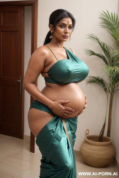 (((saggy rounded boobs))), monstruosly giant breasts, silicone implants, enormously fake heavy tits, big areolas, narrow waist, super huge massive breasts, tanned, oiled, shiny skin, ((high curvy - ai-porn.ai - India on pornsimulated.com