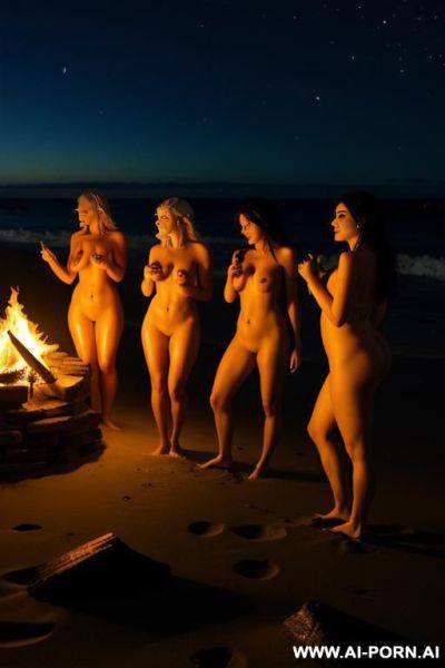 Group of sexy elf women on the beach at night, naked, in the moonlight, dancing around a fire. - ai-porn.ai on pornsimulated.com