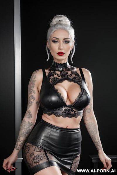 ((sexy hot mom, attractive milf, german frolin, white hair tied up in a bun, bright red lipstick, gothic, the arm is covered with tattoos)) ((sexy standing position, direct eye contact)) (((saggy - ai-porn.ai - Germany on pornsimulated.com