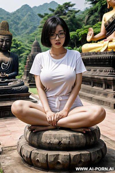 Thailand, chinese woman ((big breasts)) short bob, glasses, spread legs, t-shirt (((big buddha)) outdoors, thai cemetery - ai-porn.ai - Thailand - China on pornsimulated.com