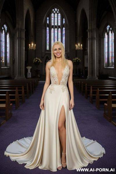 Blonde woman, purple prom dress, outside, flowers, far away shot, ultra real, night time, - ai-porn.ai on pornsimulated.com