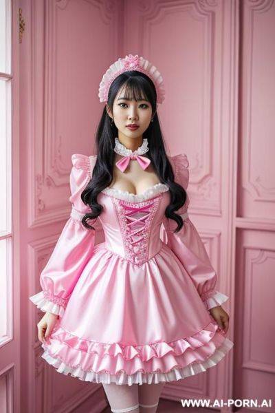 Dressed in a pink and white costume standing in a pink room, rococo, aestheticism, frilly outfit, japanese, 20 years old - ai-porn.ai - Japan on pornsimulated.com