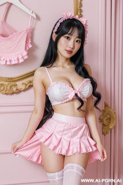 Dressed in a pink and white costume standing in a pink room, rococo, aestheticism, yami kawaii, frilly outfit, skirt, japanese, 20 years old, (lifting her skirt), white sexy bottom underwear, - ai-porn.ai - Japan on pornsimulated.com