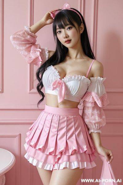 Dressed in a pink and white costume standing in a pink room, rococo, aestheticism, yami kawaii, frilly outfit, skirt, japanese, 20 years old, (lifting her skirt), (flip up the skirt), (roll up her skirt), (roll up skirt herself), show pany - ai-porn.ai - Japan on pornsimulated.com