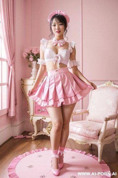 Dressed in a pink and white costume standing in a pink room, rococo, aestheticism, yami kawaii, frilly outfit, skirt, japanese, 20 years old, (lifting her skirt), (flip up the skirt), (roll up her skirt), (roll up skirt herself) - ai-porn.ai - Japan on pornsimulated.com