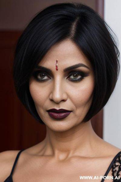 Bimbo mature, indian, milf, horny face, want to fuck, cuckold, cheating, hungry for sex, seductive look, busty, dark lipstick, villain, ulta quality photorealism, indian ethnic dress, round face, demon, same face, keep face. - ai-porn.ai - India on pornsimulated.com