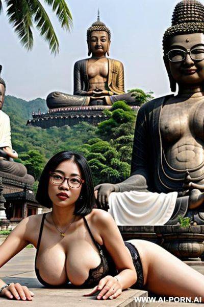 Thailand, chinese woman ((big breasts)) short bob, glasses, spread legs, t-shirt (((big buddha)) outdoors, thai cemetery - ai-porn.ai - Thailand - China on pornsimulated.com