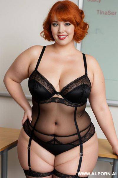 Full body photo shot, about at classroom, so fat bbw curvy with love handless and tummy, so , and tight, wearing a sexy and hot orange lace stocking lingeries. - ai-porn.ai on pornsimulated.com