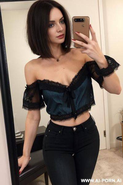 Shapely woman, shoulder-length hair, black lace blouse, jeans selfie photo in the mirror - ai-porn.ai on pornsimulated.com