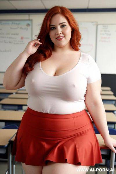 Full body photo shot, about at classroom, so chubby and so fat bbw curvy teacher, wearing a sexy and hot micro red ruffle skirt and elegant micro summer top, speaking to the classroom. - ai-porn.ai on pornsimulated.com