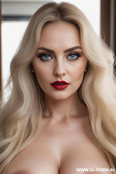 Long curly hair, round face, big eyes, blue eyes, italian woman, italian , very long blonde curly hair, red lipstick, heavy eye make up - ai-porn.ai - Italy on pornsimulated.com