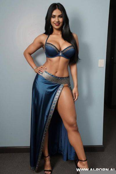 Indians, black hair, long way hair, fit, abs, navel piercing, big ass, blue bra, blue skirt, tall, looking at camera, full body, one arm raised, stiletto - ai-porn.ai - India on pornsimulated.com