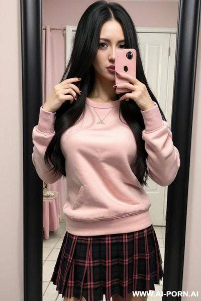 Woman long hair pink sweatshirt plaid skirt selfie photo in the mirror - ai-porn.ai on pornsimulated.com