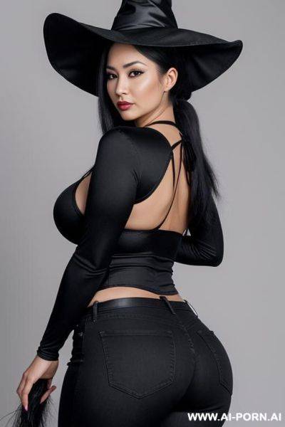 Very beautiful asian milf, curvy chubby body, gitar shaped body. show breasts. top naked. huge ass, black jeans, long black ponytail hair from behind - ai-porn.ai on pornsimulated.com