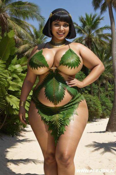 Egyptian queen wearing a dress made of leaves, (leaves), (bobcut hairstyle), (((massive huge breasts))), full body view, photorealistic, ((chubby woman)), ((wide hips)), ((huge butt)), beach, smiling, (hairband), (showing armpit) - ai-porn.ai - Egypt on pornsimulated.com