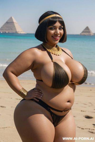 Egyptian queen wearing loincloth, (bobcut hairstyle), (((massive huge breasts))), full body view, photorealistic, ((chubby woman)), ((wide hips)), ((huge butt)), beach, smiling, (hairband), (showing armpit) - ai-porn.ai - Egypt on pornsimulated.com