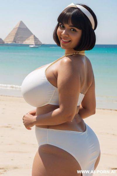 Egyptian queen wearing white dress, (bobcut hairstyle), (((massive huge breasts))), full body view, photorealistic, ((chubby woman)), ((wide hips)), ((huge butt)), beach, smiling, (hairband), (showing armpits), ((closeup view)) - ai-porn.ai - Egypt on pornsimulated.com