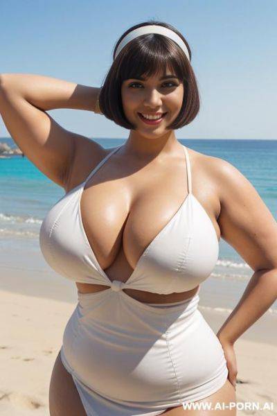 Egyptian queen wearing white dress, (bobcut hairstyle), (((massive huge breasts))), upper body view, photorealistic, ((chubby woman)), ((wide hips)), ((huge butt)), beach, smiling, (hairband), (showing armpits), ((closeup view)) - ai-porn.ai - Egypt on pornsimulated.com