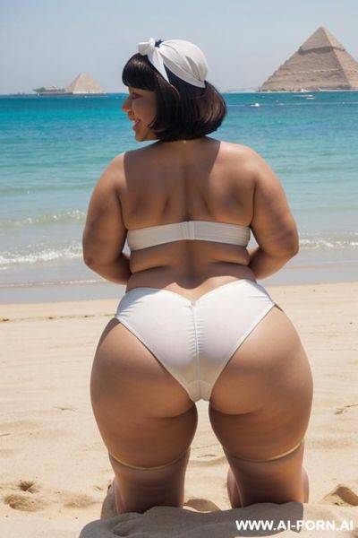 Egyptian queen wearing white dress, (bobcut hairstyle), (((massive huge breasts))), full body view, photorealistic, ((chubby woman)), ((wide hips)), ((huge butt)), beach, smiling, (hairband), (on all fours), ((view from behind)) - ai-porn.ai - Egypt on pornsimulated.com