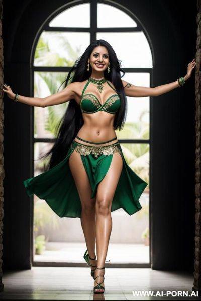 Indians, black hair, long straight hair, abs, fit, one arm raised, navel piercing, green bra, green skirt, tall, looking at camera, full body, stiletto - ai-porn.ai - India on pornsimulated.com