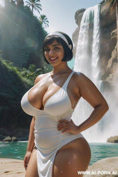 Egyptian queen wearing white dress, (bobcut hairstyle), (((massive huge breasts))), full body view, photorealistic, ((chubby woman)), ((wide hips)), ((huge butt)), beach, smiling, (hairband), (standing under waterfall), ((wet)) - ai-porn.ai - Egypt on pornsimulated.com