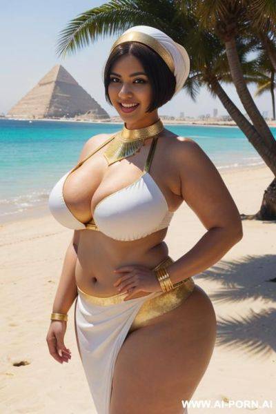 Egyptian queen wearing white dress with golden accents, (bobcut hairstyle), (((massive huge breasts))), full body view, photorealistic, ((chubby woman)), ((wide hips)), ((huge butt)), beach, smiling, (hairband), (showing breasts) - ai-porn.ai - Egypt on pornsimulated.com