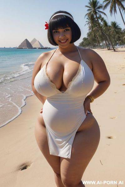 Egyptian queen wearing white dress, (bobcut hairstyle), (((massive huge breasts))), full body view, photorealistic, ((chubby woman)), ((wide hips)), ((huge butt)), beach, smiling, (hairband), (((spreading legs))) - ai-porn.ai - Egypt on pornsimulated.com