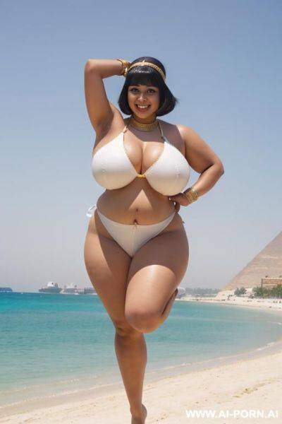 Egyptian queen wearing white dress, (bobcut hairstyle), (((massive huge breasts))), full body view, photorealistic, ((chubby woman)), ((wide hips)), ((huge butt)), beach, smiling, (hairband), (showing armpits), ((jumping)) - ai-porn.ai - Egypt on pornsimulated.com