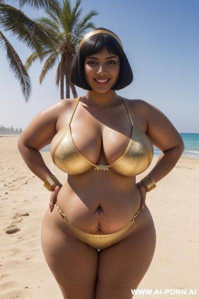 Egyptian queen wearing ancient dress, (bobcut hairstyle), (((massive huge breasts))), full body view, photorealistic, ((chubby woman)), ((wide hips)), beach, smiling, (hairband) - ai-porn.ai - Egypt on pornsimulated.com