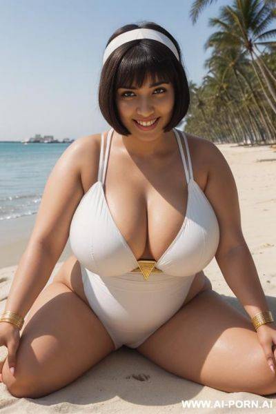 Egyptian queen wearing white dress, (bobcut hairstyle), (((massive huge breasts))), lower body view, photorealistic, ((chubby woman)), ((wide hips)), beach, smiling, (hairband), (showing toes), ((closeup - ai-porn.ai - Egypt on pornsimulated.com