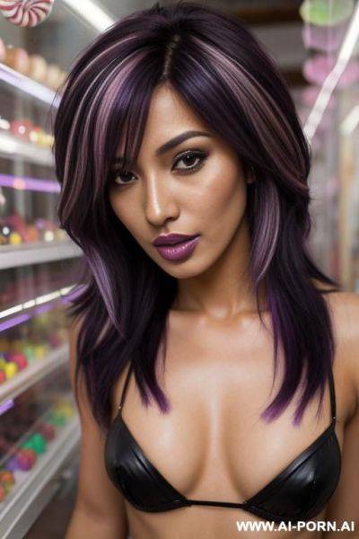 (mature depiction) closeup, tanned skin colour, flowing hairdo, purple hair with black highlights, wild bj, slut, - ai-porn.ai on pornsimulated.com