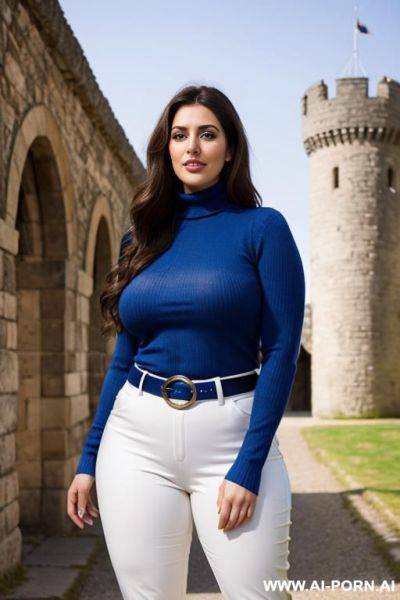 "photorealistic middle eastern woman, 0-years-old, plus-sized, busty, brown hair, blue eyes, wearing blue turtlenecksweater, white pants, belt, boots, outdoor, standing, posing, in front of an old castle, daylight, smiling at viewer" - ai-porn.ai on pornsimulated.com