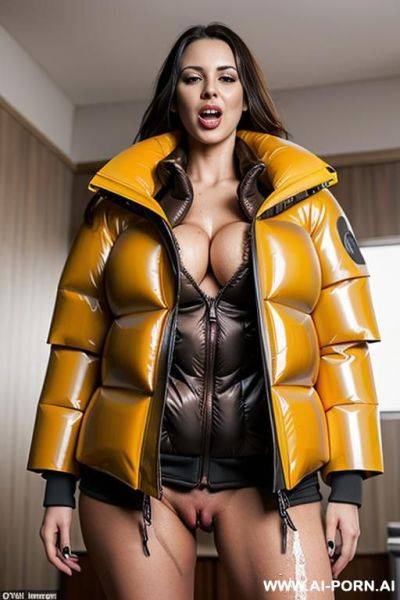 Brunette secretary getting fucked on toilet, (((wearing gigantic oversized puffer jacket:1.3))), man holding legs while fucking, strong and loud orgasm, creampie, eye contact, (lots of cum:1.2), - ai-porn.ai on pornsimulated.com