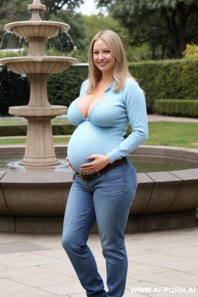 Pregnant posing in front of a fountain in a park, saggy tits, wearing blue pullover, belt, denim pants, ankle boots - ai-porn.ai on pornsimulated.com