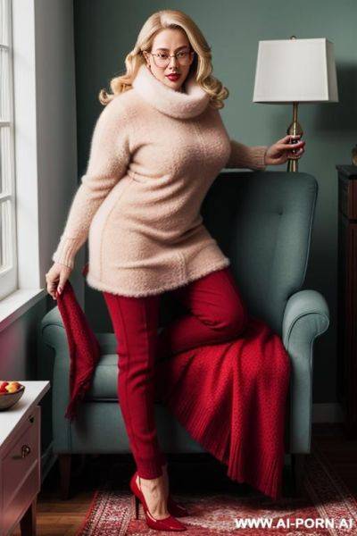 Bbw mature blond glasses wearing fluffy sweater and red fur scarf - ai-porn.ai on pornsimulated.com