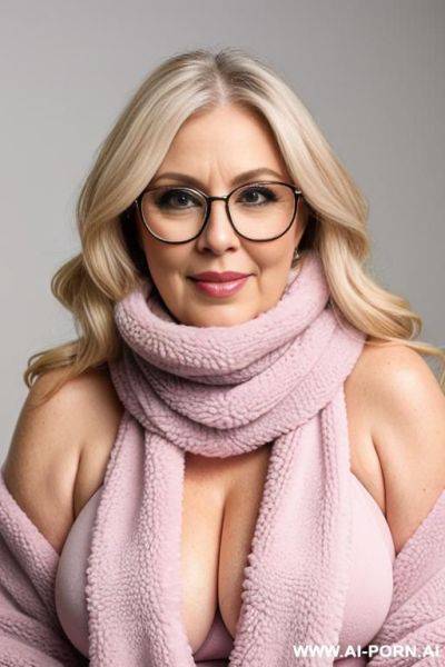 Bbw mature blond glasses wearing fluffy sweater big pink fur scarf wrapped around neck full view - ai-porn.ai on pornsimulated.com