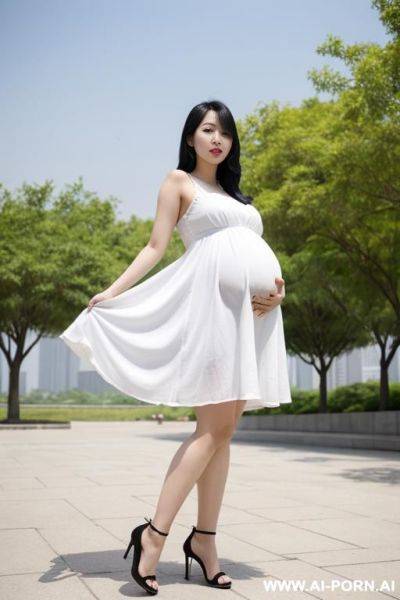 Korean woman, pregnant, black hair, skin, wearing a white sundress, wearing open high heels, posing on a park - ai-porn.ai - North Korea on pornsimulated.com