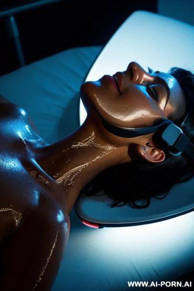 Interior, lying down on her back on a medical bed, vr headset, dark, wet, dramatic lighting, overhead blue light - ai-porn.ai on pornsimulated.com