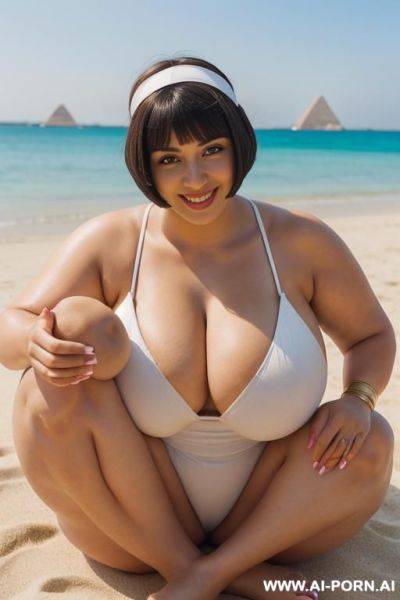 Egyptian queen wearing white dress, (bobcut hairstyle), (((massive huge breasts))), lower body view, photorealistic, ((chubby woman)), ((wide hips)), beach, smiling, (hairband), (showing toes), ((closeup - ai-porn.ai - Egypt on pornsimulated.com