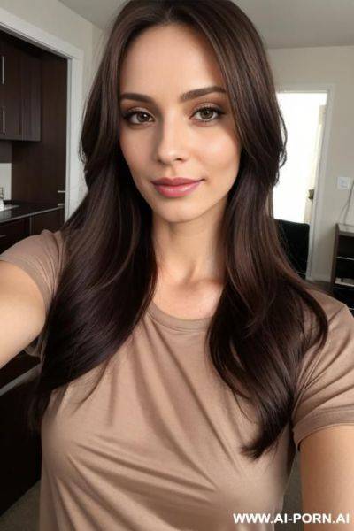 Woman long hair brown t-shirt selfie - ai-porn.ai on pornsimulated.com