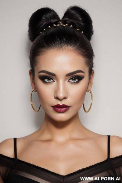 Beautiful heavy makeup lady, bun hair, headshot, livid expression, front view - ai-porn.ai on pornsimulated.com