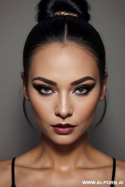 Beautiful heavy makeup lady, bun hair, headshot, scared expression, front view - ai-porn.ai on pornsimulated.com