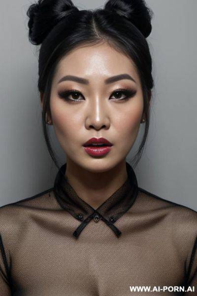 Beautiful heavy makeup asian lady, bun hair, headshot, front view, face scared - ai-porn.ai on pornsimulated.com