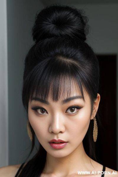 Beautiful heavy makeup asian lady, bun hair, headshot, face scared - ai-porn.ai on pornsimulated.com