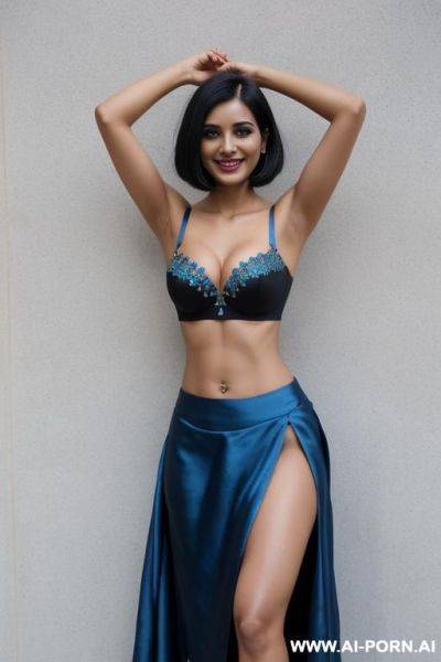 Indians, black hair, bobcut, fit, abs, navel piercing, one arm raised, blue bra, blue skirt, tall, looking at camera, full body, stiletto - ai-porn.ai - India on pornsimulated.com