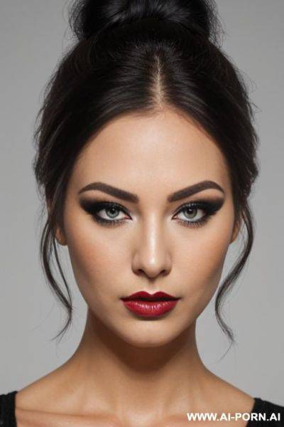 Beautiful heavy makeup lady, bun hair, headshot, front view - ai-porn.ai on pornsimulated.com