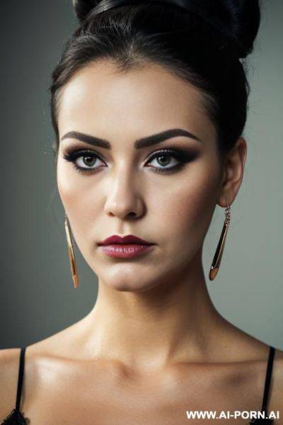 Beautiful heavy makeup lady, bun hair, headshot, face expression melancholic, front view - ai-porn.ai on pornsimulated.com