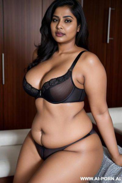 Indian aunty, plump and juicy, obese, 5, wearing a thong and, skimpy bra, dark skin, posing erotically. - ai-porn.ai - India on pornsimulated.com