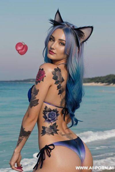 ((roses bikini)), ((tattoo of roses)), ((blue gradient hair)), ((long hair)), ((slick colorful angel wings)), ((cat ears)), ((beautiful)), ((cat face)), neckless, full view, oiled body, ((moon)), ((night)), wide angle view, (((heart))), (((happy))) - ai-porn.ai on pornsimulated.com